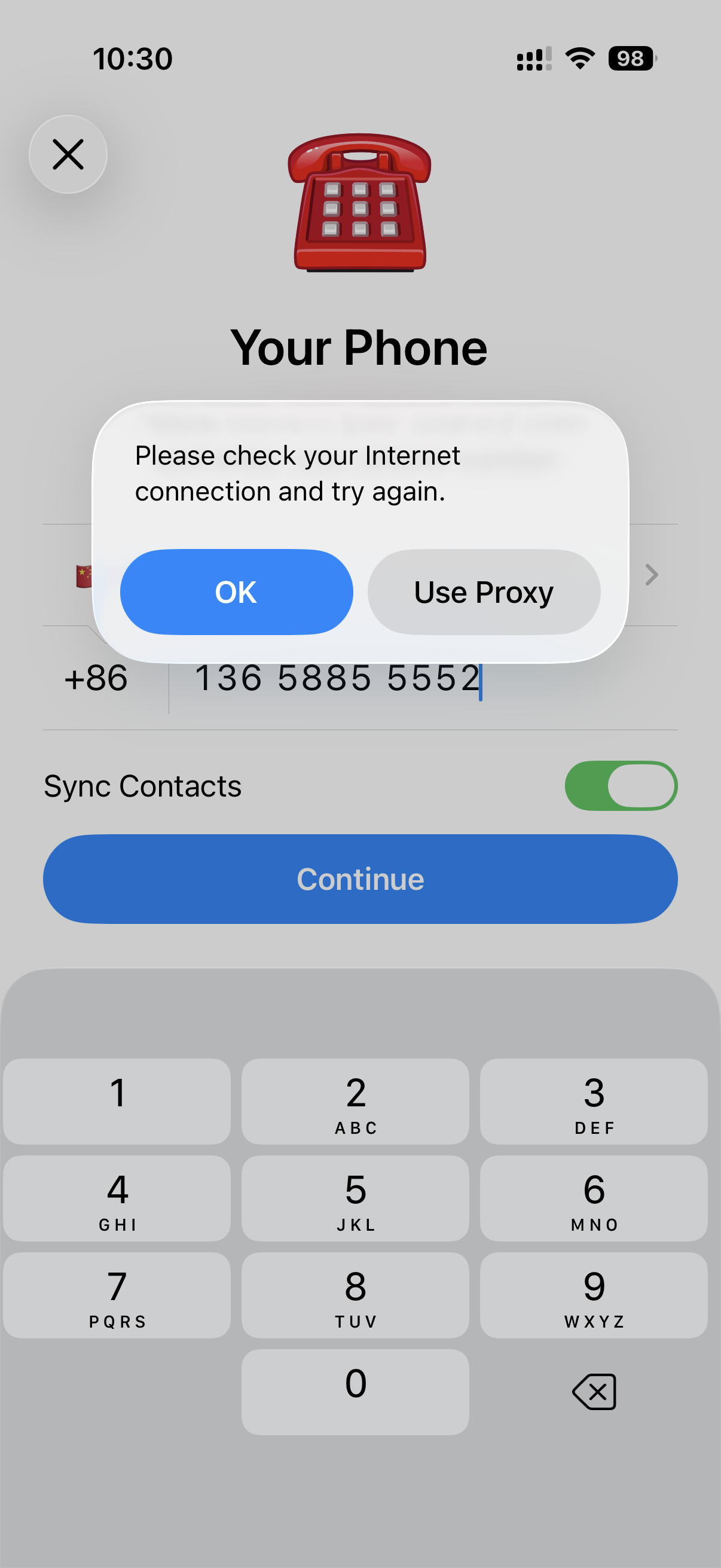 Telegram 登陆显示 Please check your internet connection and try again 错误弹窗截图 (iOS)