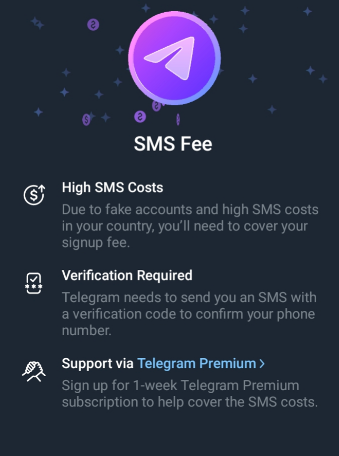 Telegram 登录提示 SMS Fee High SMS Costs 截图